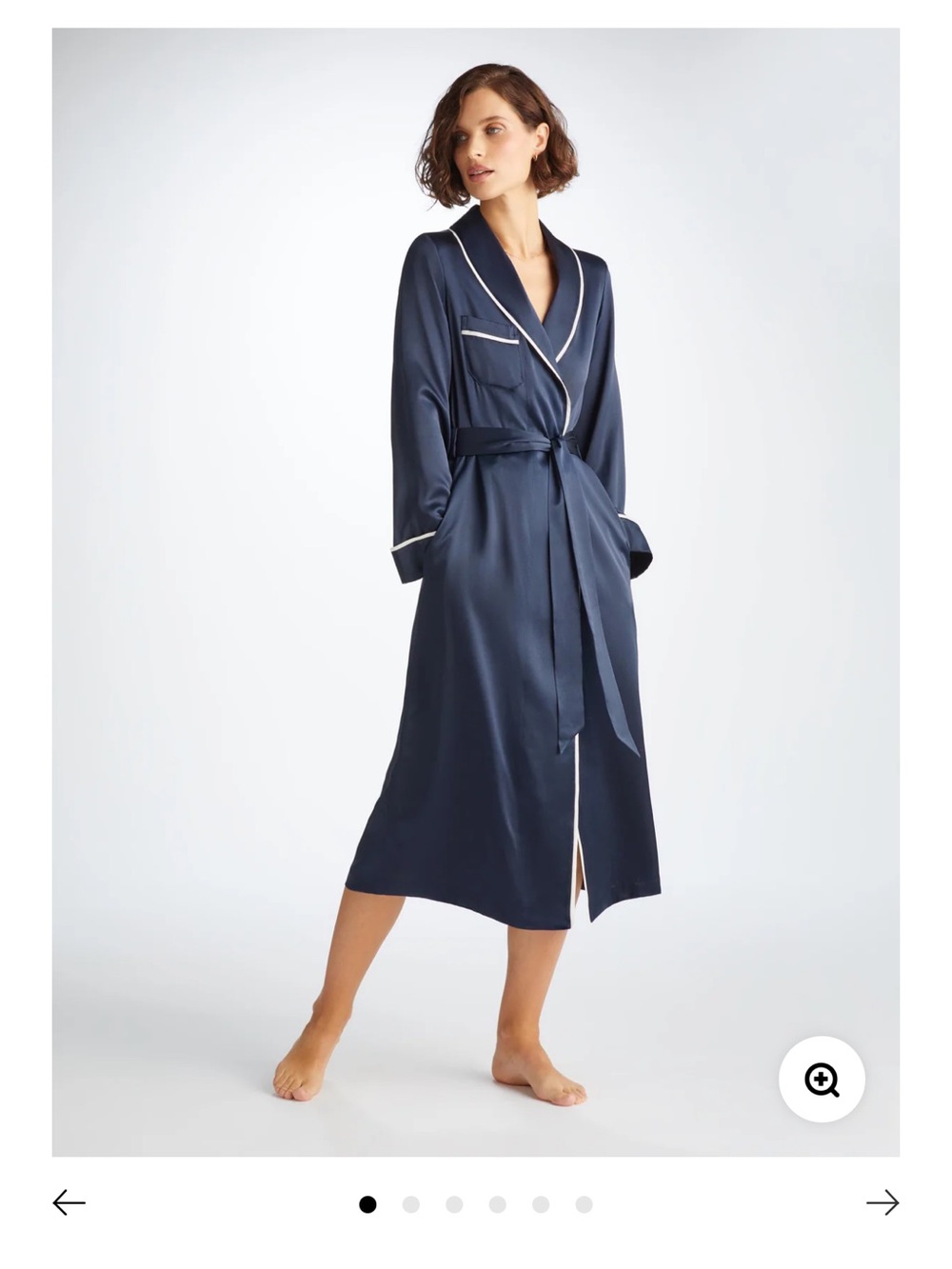 Derek Rose Navy Satin Long Robe with White Piping